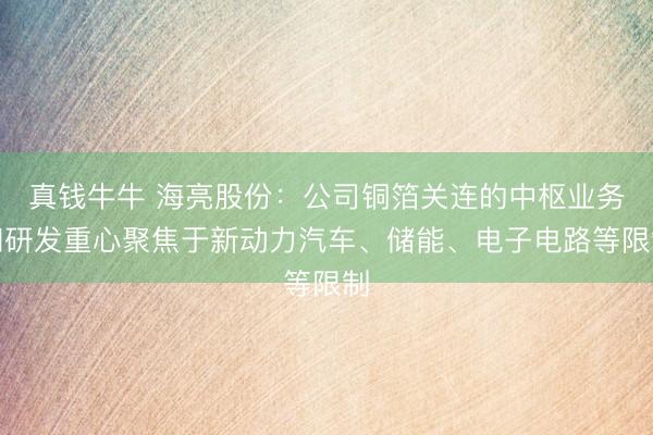 真钱牛牛 海亮股份：公司铜箔关连的中枢业务和研发重心聚焦于新动力汽车、储能、电子电路等限制